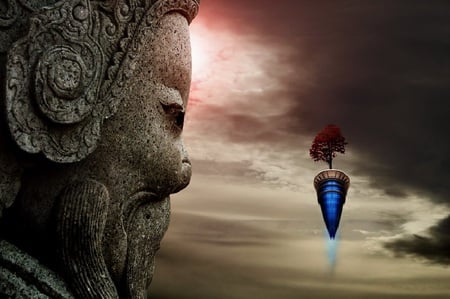 Spirit - sky, abstract, statue, clouds, 3d, artwork, tree, cg