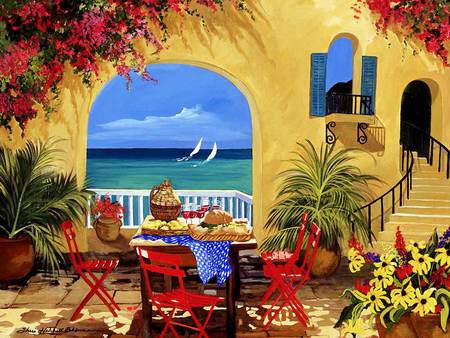 Sharie Hatchett Bohmann - Rooms With a View - drink, boats, terrace, chairs, sailing, sharie hatchett bohmann, palm, rooms with a view, painting, chair, art, table, food, flowers, sea, flower