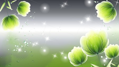 Green Radiance - shine, silver, flowers, shiny, gray, abstract, stars, green