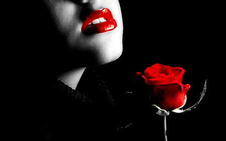 A kiss and a rose - white, red, rose, red lips, black background, woman