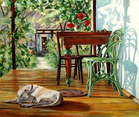 Ð“Ð¾Ñ€Ð±Ð°Ñ‡Ñ‘Ð²Ð° ÐžÐ»ÑŒÐ³Ð°. Ð¢ÐµÑ€Ñ€Ð°ÑÐ°. - flower, table, painting, dog, art