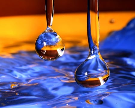 reflective water drops - droplets, photography, water, wet, abstract, yellow, reflection, blue, drop