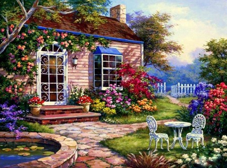 Charm - cottage, fence, cobblestone walkway, trees, pink house, chairs, table, flowers, garden, pond, vines