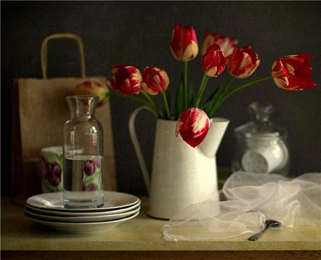 Simple Beauty - pitcher, vase, spoon, paper bag, teacups, still life, glass jar, flowers, tulips, carafe, plates