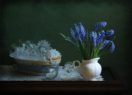 still life - pretty, cups, blue, photo, gentle, flowers, nice, beautiful, photography, lace, kettle, lovely, cool, still life, flower, bouquet, harmony