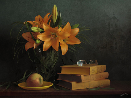 still life - apple, flower, book, glasses, beautiful, bouquet, vase, harmony, architecture, fruit, photography, pretty, cool, flowers, photo, still life, old, nice, lovely, orange, books, painting