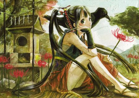 Girl - anime, girl, sword, tree, red fwolers, crow, sit, black hair, cute