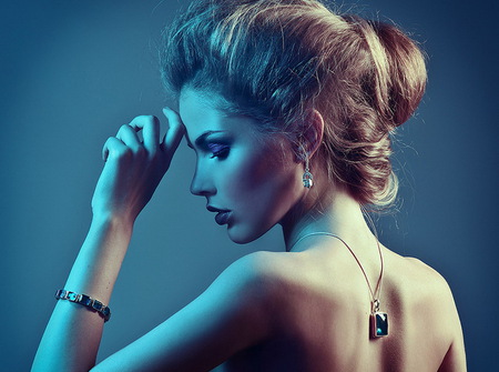 Lady in Blue - nice jewelery, lovely face, pretty woman, blond, blue light