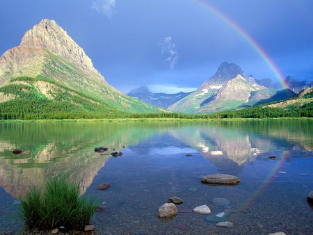 Rainbow - tranquility, alpine, mirrored, beautiful, raibow, grass, shore, blue, lake, sky, rainbow, reflection, nature, mountain, crystal, colorful