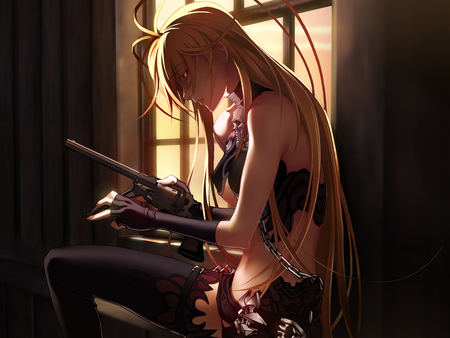 Never - crudeli, gun, fight, girl, ni, weapon, donne, pink, cool, chain, thighhighs, anime, anonime, shot, sexy, tre, hair, nitroplus, bra