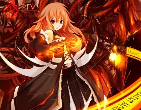 dangerous - girl, background, wings, long hair, red hair, gloves, red eyes, anime, cute, spell, dress