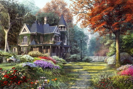 Dominic Davison - autumn, trees, creative pre-made, cottages, architecture, paintings, grass, attractions in dreams, houses, dominic davison, gardens, lovely, love four seasons, fall seasons, beautiful, colors, flowers