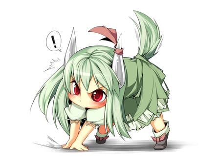 Kamishirasawa Keine - anime girl, kokka han, dress, blush, green hair, tail, long hair, red eyes, horns, touhou, chibi, cute, adorable, ribbons