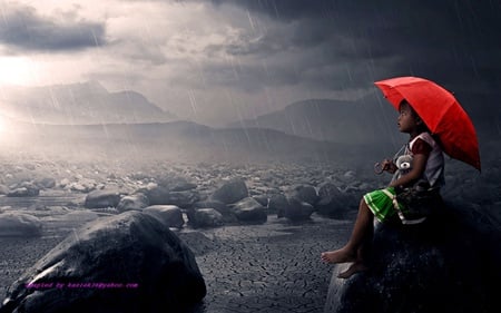 girl with umbrella - girl, landscape, umbrella, red