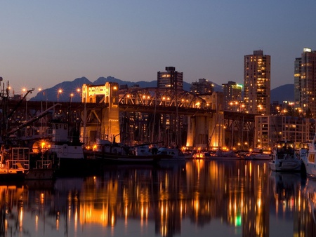 burrard bridge - bridges, reflecction, water, beautiful, night, architecture, building