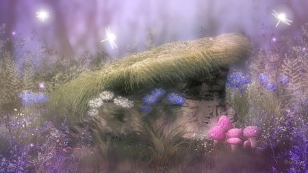 Lavender Day - lavender, lilac, grass, firefox persona, flowers, toadstools, ferns, dragonflies, soft, mushrooms