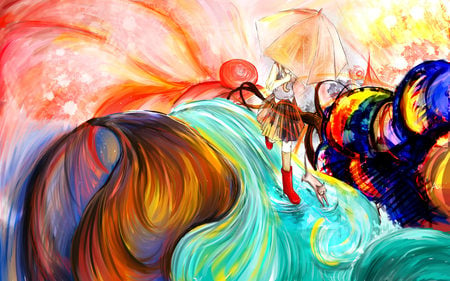 Go with the Flow - beauty, skirt, aqua, colorful, anime girl, stunning, pretty, pink, red, blue, umbrella, beautiful, orange, colors, cute