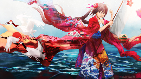 Beautiful Scenery - swan, beauty, water, colorful, anime girl, stunning, loli, pretty, beautiful, colors, cute