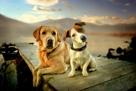 Best Buds - clouds, water, lake, dock, mountains, rocks