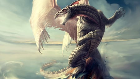 Standing Tall - dragon, wings, scales, light, sky