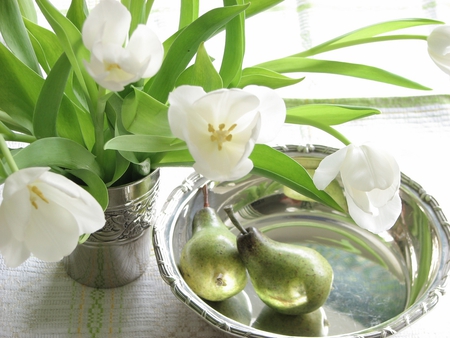 a sense of spring - pears, fruits, tulips, still life, vase, white, silver, flowers, plate