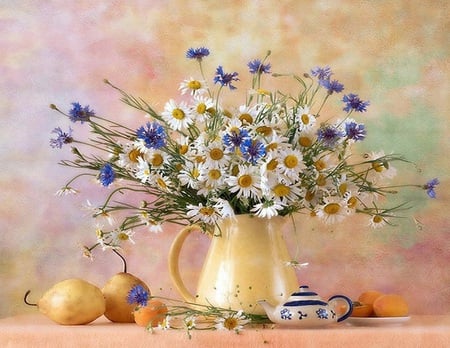 Splendor - pears, fruits, daisy, vase, creamer, blue, apricots, flowers, daisies