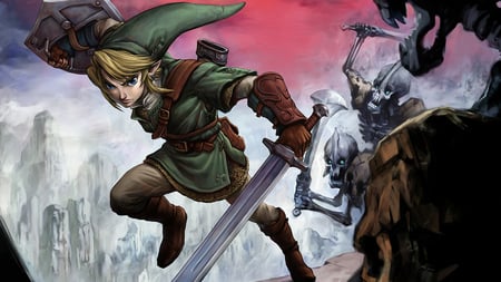 Zelda - battle, link, shield, sword, skeleton