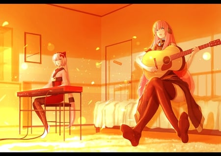 Vocaloid - megurine luka, long hair, guitar, blue eyes, keyboard