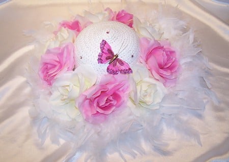 Haute hat - silk, feathers, hat, roses, white, glitter, butterfly, pretty, pink