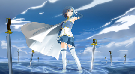 Girl - sky, hair, eyes, elbow, cool, miki, clouds, anime, sword, mahou, short, hair-, sexy, skirt, sayaka, girl, gloves, shoujo, magica, blue, cape, madoka