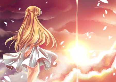 Sunset - code, anime, dress, girl, fenette, blonde, feather, cool, hair, hirley, geass, sunset, sexy