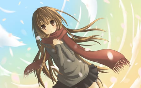 Sayonara - anime, skirt, brown, sayonara, girl, eyes, blush, hair, memories, scarf, sayoko, cloud, cute, sky