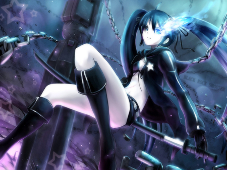 Black Rock Shooter - star, anime girl, female, boots, chain, sword, cool, black rock shooter, black coat, grow eye, katana, gloves