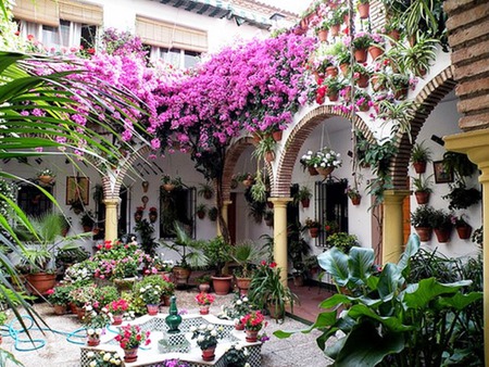 Beautiful patio ! - beauty, photography, colorful, pleasant, table, architecture, patio, color, house, ornaments, pots, plants, arch, nature, fragrant, beautiful, flowers, natural, diversity