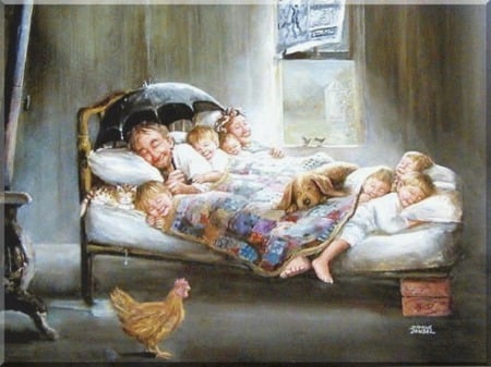 Sleepytime - sleeping, fun, farm, bed, chickens, grandpa, animals, funny, parents, farmyard, snoozing, children, family, grandma