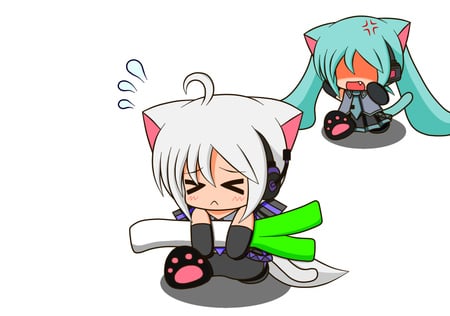 Run ! - kawai, leek, white, anime, miku, cute, tail, suzunonaruki, neko, mad, chibi, yowane, funny, catgirl, ears, hatsune, vocaloid, headphones, animal, haku