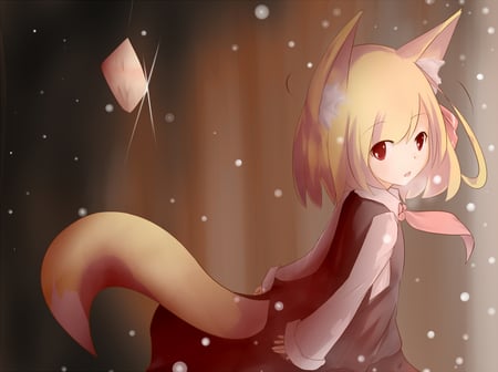 Am I cute ? - tail, rumia, neko, girl, eye, kawai, wind, ears, touhou, red, anime, animal, food, cute