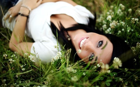 Beauty in the Field - models, people, beautiful, smile, flowers, field