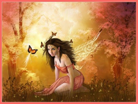 FAIRY & BUTTERFLIES - forest, female, wings, flowers, fairy, butterflies