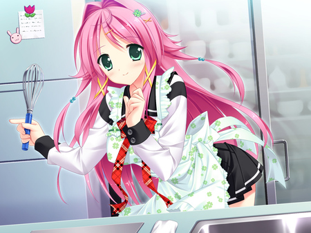 Narusawa Sora - beauty, sexy, hot, pink hair, anime girl, apron, seifuku, green eyes, tagme, game, beautiful, con, cute, mecha