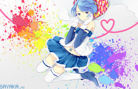 Miki Sayaka - anime girl, heart, boots, beautiful, hot, beauty, short hair, mahou shoujo madoka magica, colorful, blue hair, cute, thigh highs, sexy, gloves, blue eyes