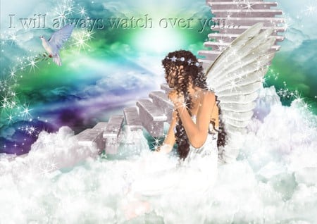 GUARDIAN ANGEL - clouds, female, dove, wings, angel, steps, guardian