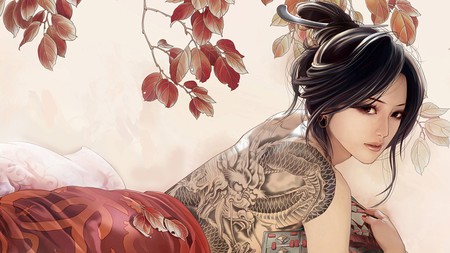 Japanese Beauty - cute, beauty, beautiful, hot, leaves, anime girl, black hair, sexy, orange, tattoos