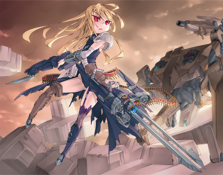 bionic girl - girl, fighter, machine, red eyes, fight, strong, anime, sword, bionic, blonde