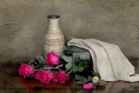 still life - vase, roses, bottle, shawl, red, bouquet, still life