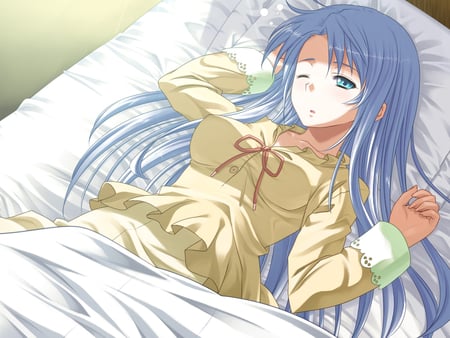 Good morning! - blue hair, bed, pijama, long hair, wink, aqua eyes