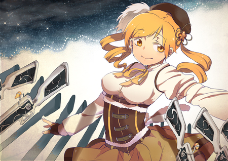 mahou shoujo madoka magica - hat, yellow eyes, mahou shoujo madoka magica, tomoe mami, gun, blonde hair, weapon