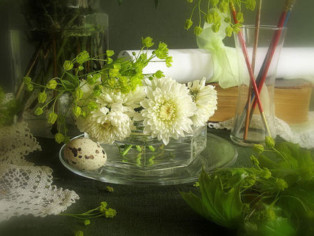 Chrysanthemums - glass, bowl, greenery, spotted egg, book, brushes, dlasses, nature, white, pretty, lace, paper, egg, flowers