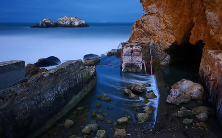 Boat Remains - ocean, boats, water, rock, remains, boat, rocks