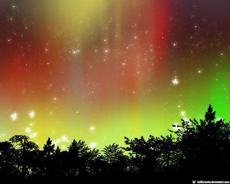 Aurora - aurora borealis, sky, stars, trees, borealis, light, shadows, night, aurora, darkness, amazing